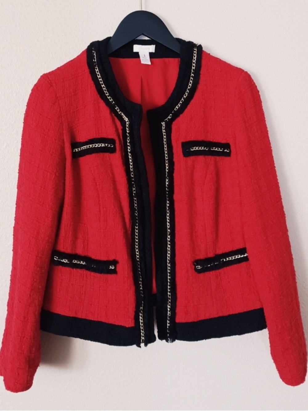Chico's Red and Black Bouclé Chain-Trim Jacket